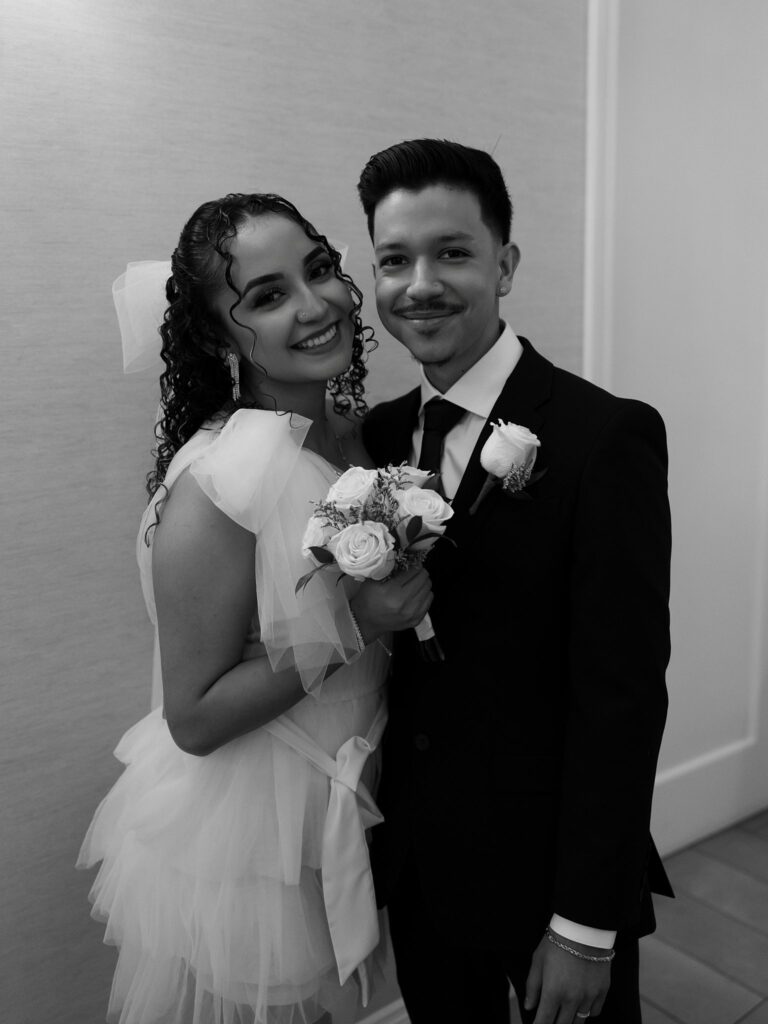 Black and white photo of a bride and groom at Bliss Wedding Chapel Las Vegas