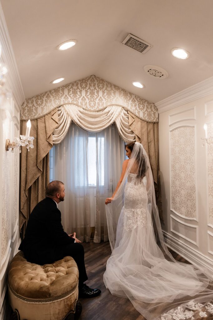 Bride and grooms portraits at Chapel of Flowers wedding venue in Las Vegas