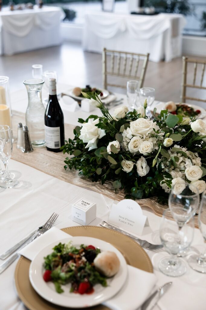 An indoor Stallion Mountain wedding reception in the Citation Room