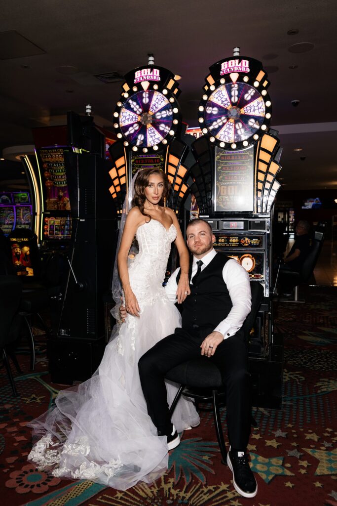 Bride and grooms casino portraits