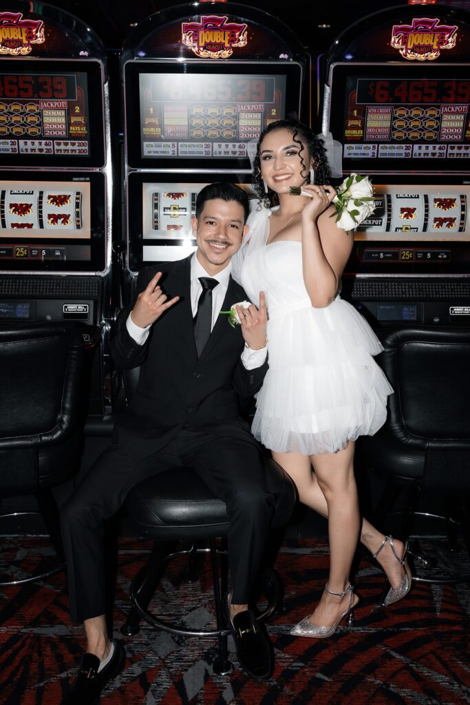 Bride and grooms Las Vegas casino portraits on Fremont Street