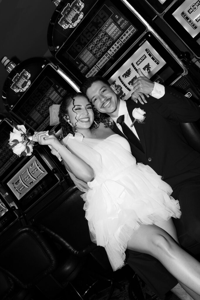 Bride and grooms Las Vegas casino portraits on Fremont Street