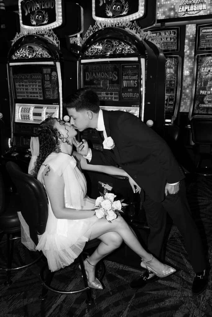 Bride and grooms Las Vegas casino portraits on Fremont Street