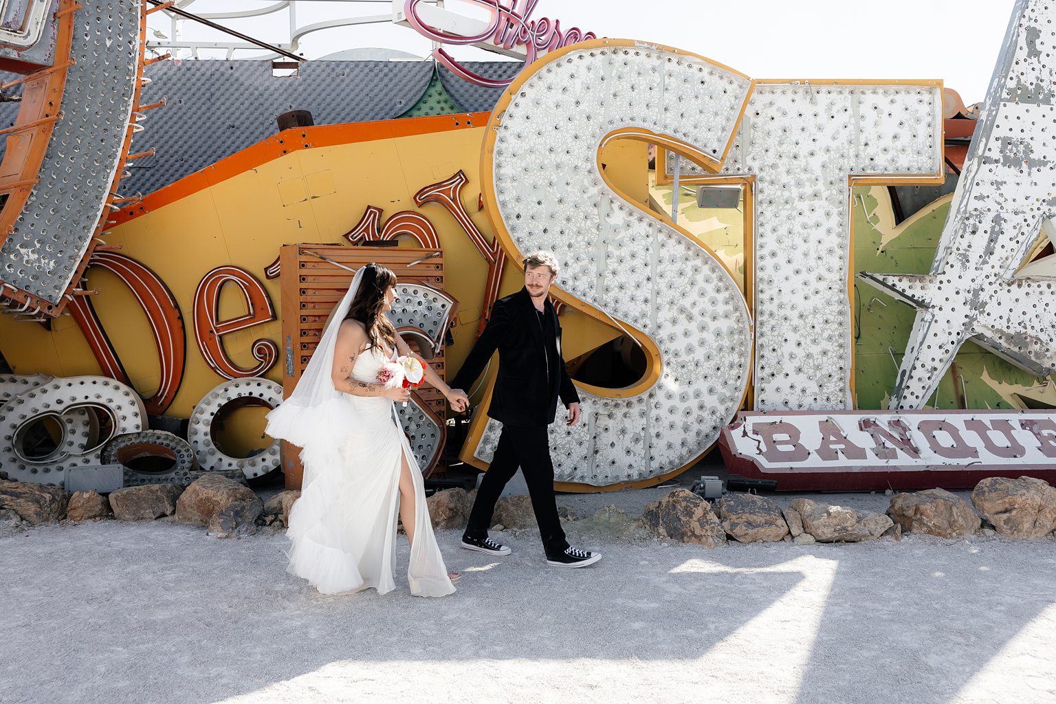 Bride and grooms Neon Museum wedding portraits