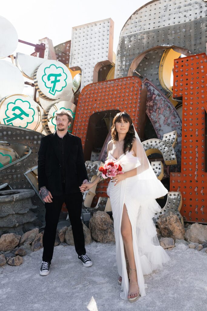 Bride and grooms Neon Museum Las Vegas wedding photos