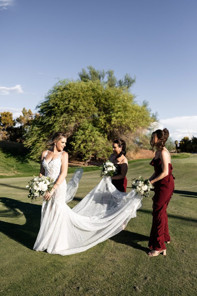 Outdoor bride and bridesmaids portraits from a Stallion Mountain wedding in Las Vegas