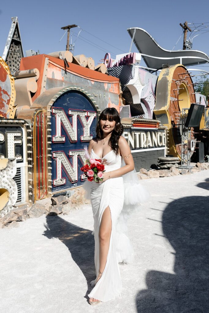 Outdoor bridal portraits at Neon Museum in Las Vegas