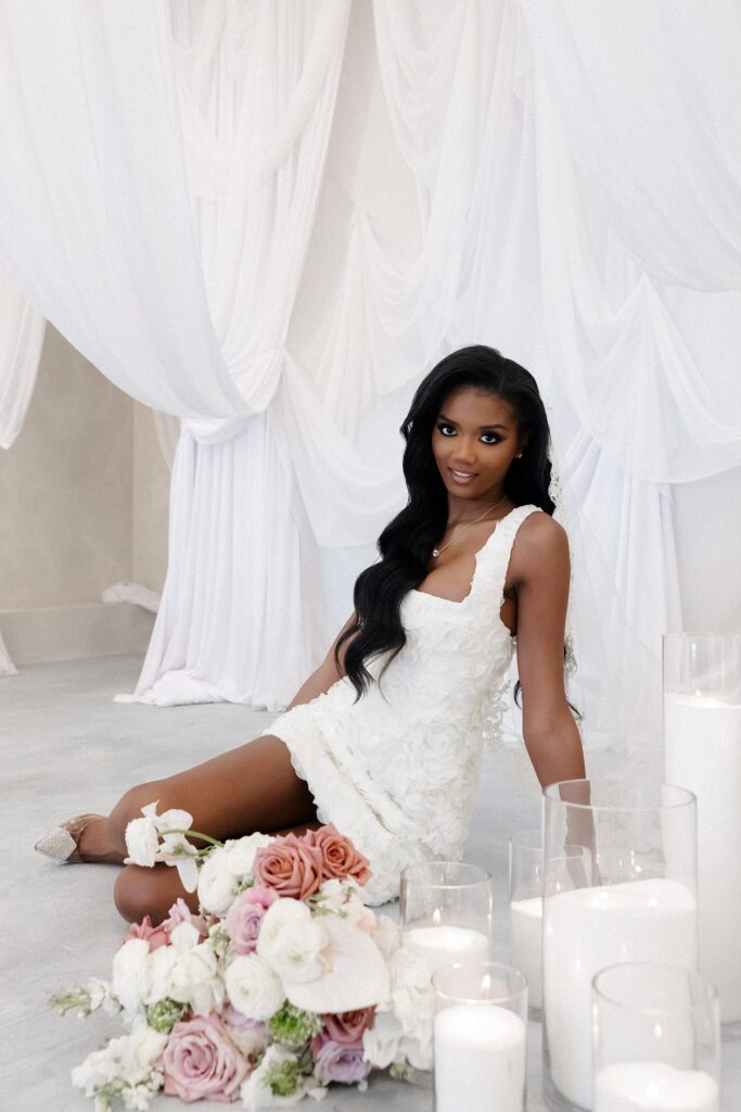 Bride posing for her editorial bridal portraits at That Chapel Downtown in Las Vegas