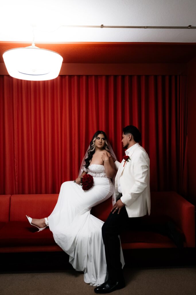 Couple posing for their Las Vegas hotel elopement at Park MGM