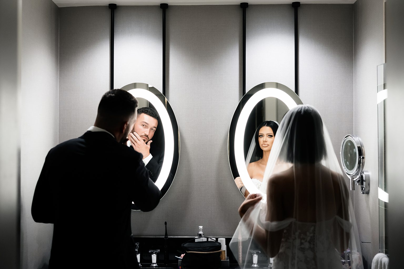 Bride and groom getting ready at Cosmo Hotel