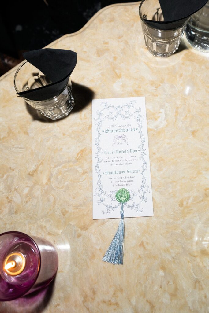 Custom cocktail menu for a Las Vegas reception at Velveteen Rabbit
