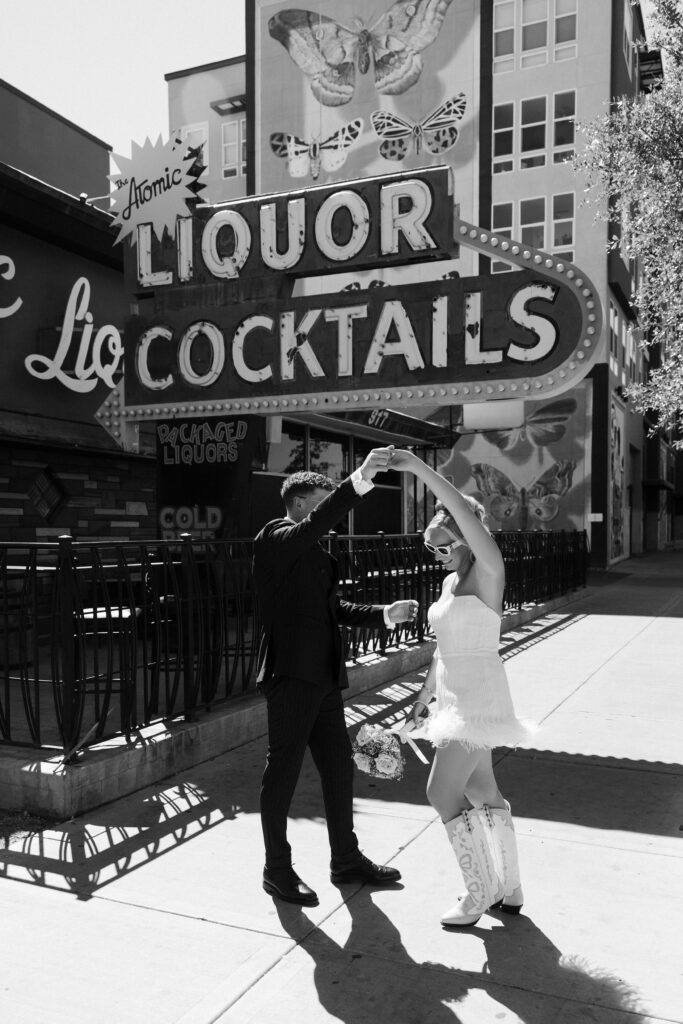 Couple dancing outside of Atomic Liquors in Las Vegas