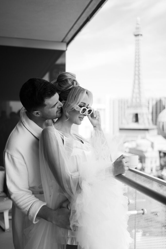 Couples balcony portraits at The Cosmopolitan Terrace Suite