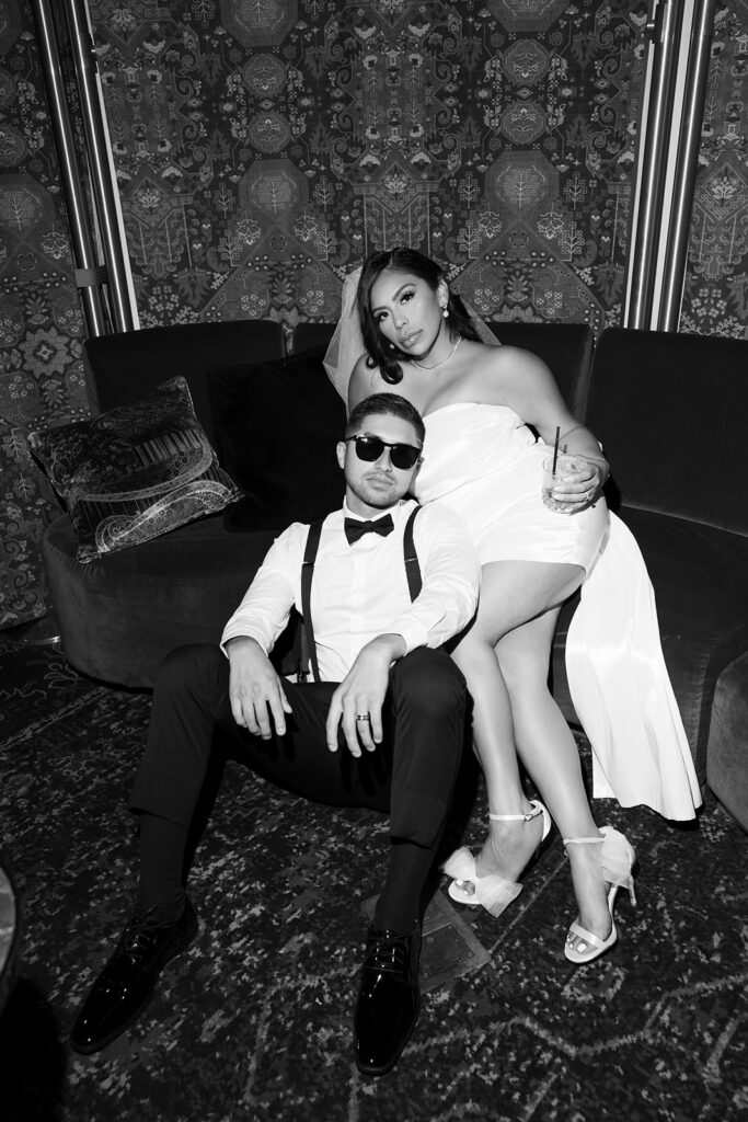 Bride and groom having drinks in The Shag Room in Las Vegas