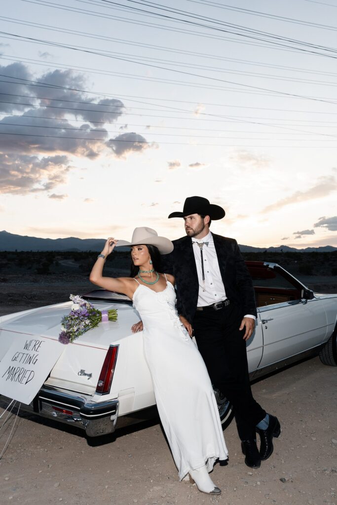 Flash engagement photos from a desert western engagement shoot in the Las Vegas desert near Lee Canyon