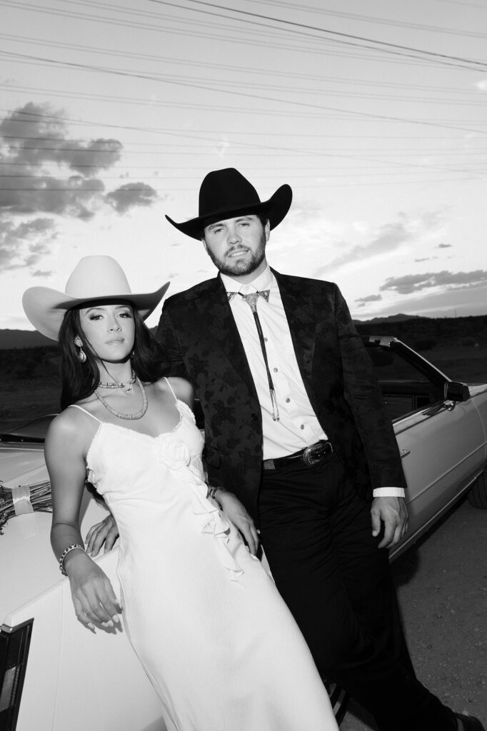 Black and white flash engagement photos in the desert