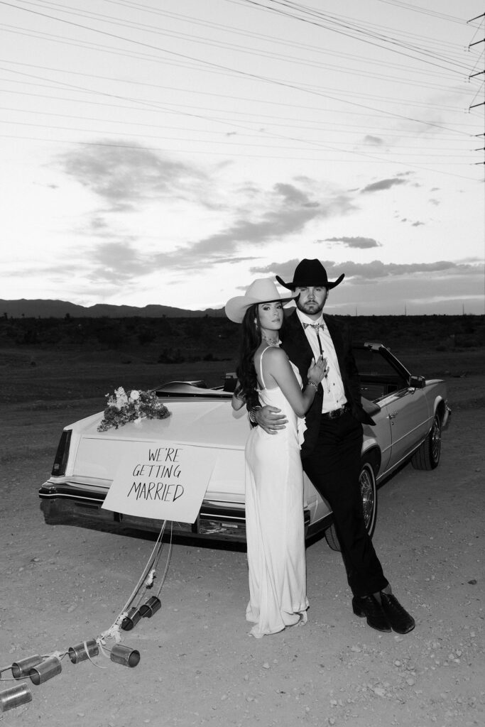 Black and white flash wedding announcement photo