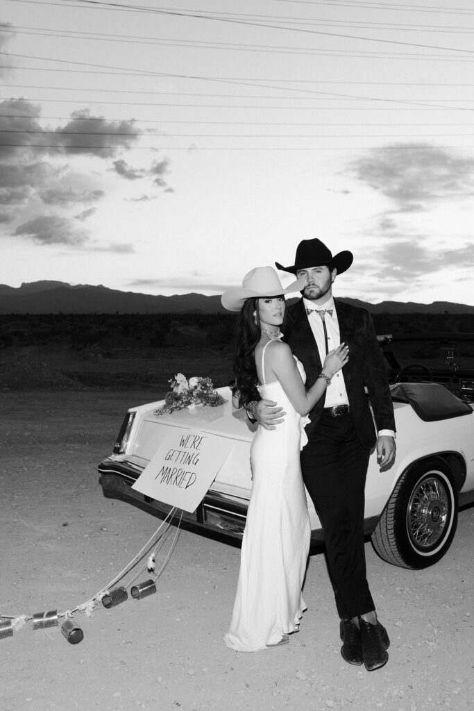 Black and white flash desert western engagement photos in Las Vegas near Lee Canyon