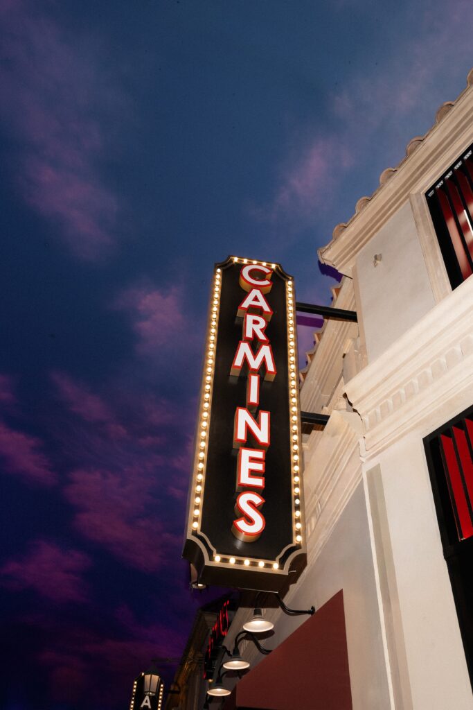 Exterior shit if the Carmines sign in Las Vegas.