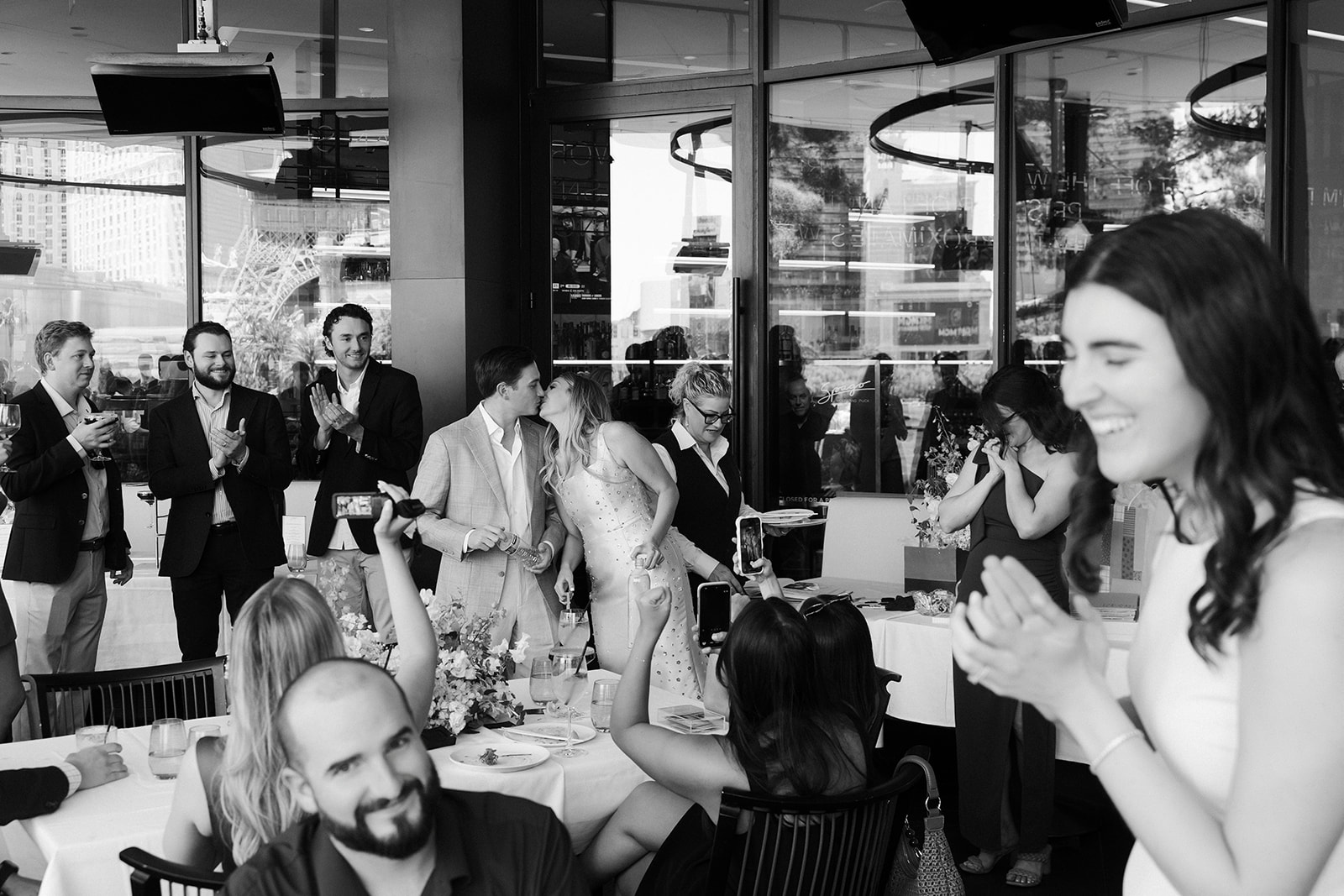Black and white photo of a Las Vegas micro wedding reception at Spago at The Bellagio.