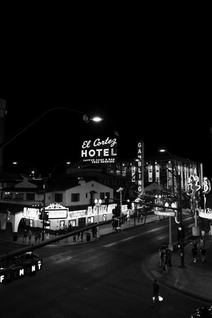 Black and white photo of views from the rooftop at Commonwealth in Las Vegas.