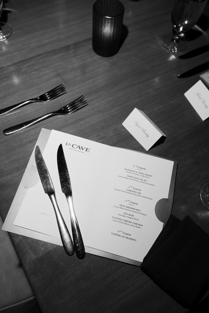 La Cave Wine and Food Hideaway menu and place cards for wedding reception.