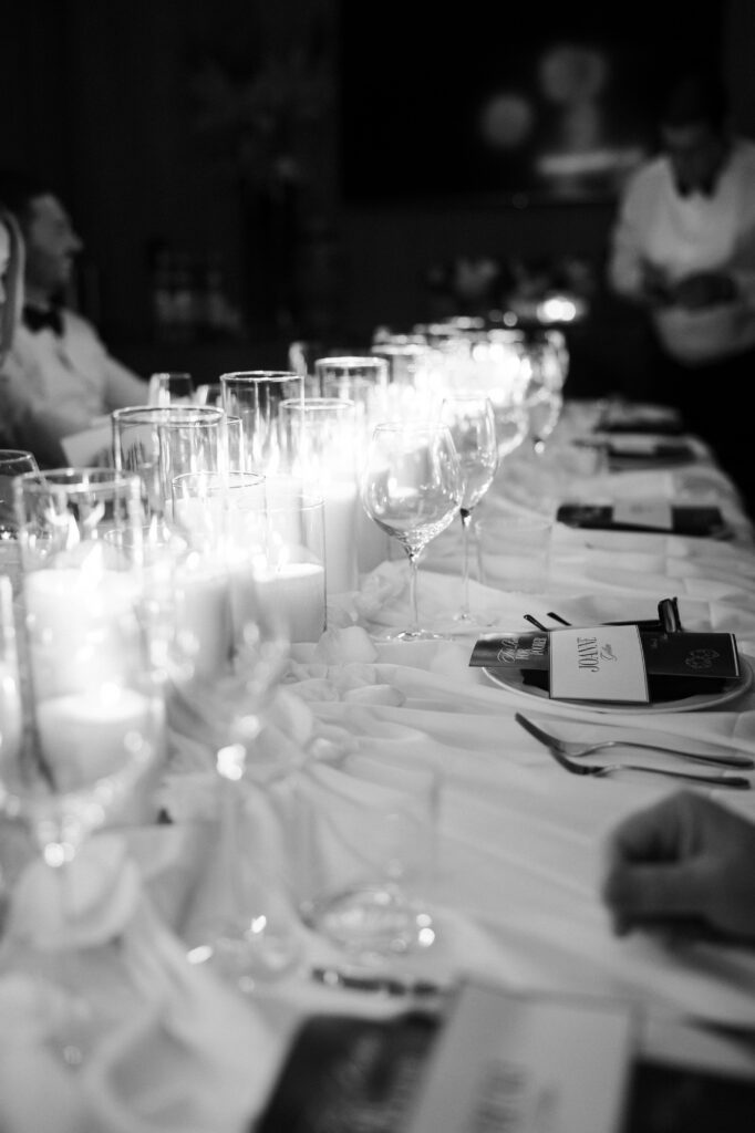 Black and white photo of a candlelit table at Barry's Prime in Las Vegas.