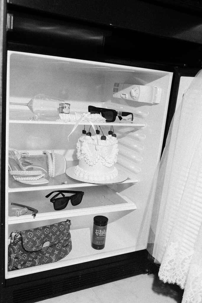 Unique Las Vegas elopement details in the hotels mini fridge 