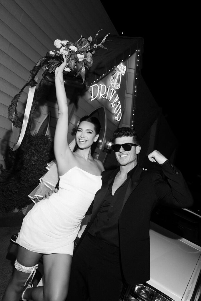 Black and white photo of Robin Thicke and April Love Geary's Las Vegas elopement at A Special Memory Wedding Chapel