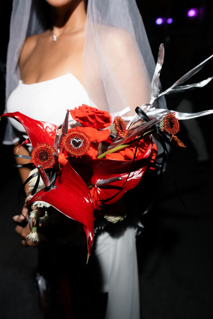 Close up shot of the brides Las Vegas elopement outfit with bouquet by Night Garden Floral