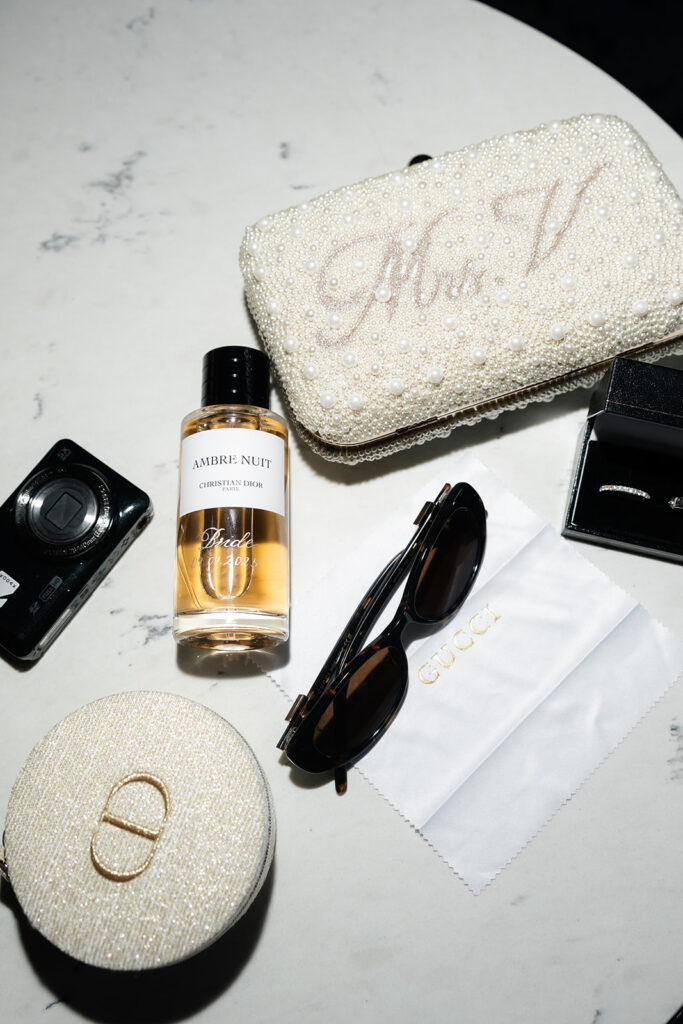 brides Las Vegas elopement details laid out on a table.