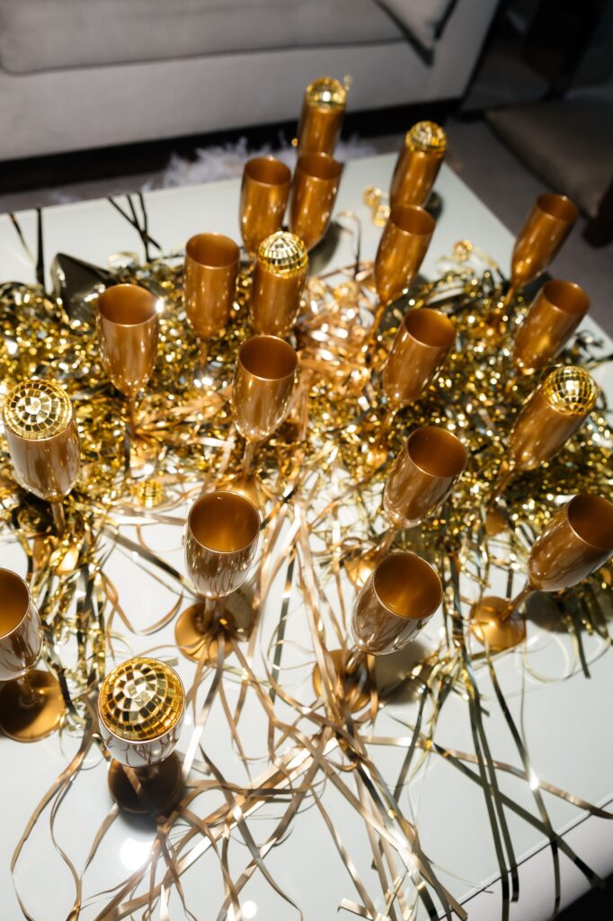 Glam night out gold theme for a Las Vegas bachelorette party.