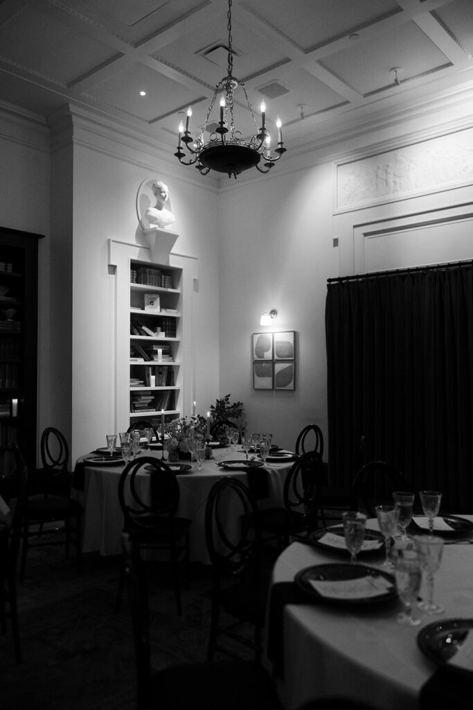 Intimate table setup inside the NoMad Library Parlour Room for a Las Vegas micro wedding reception.
