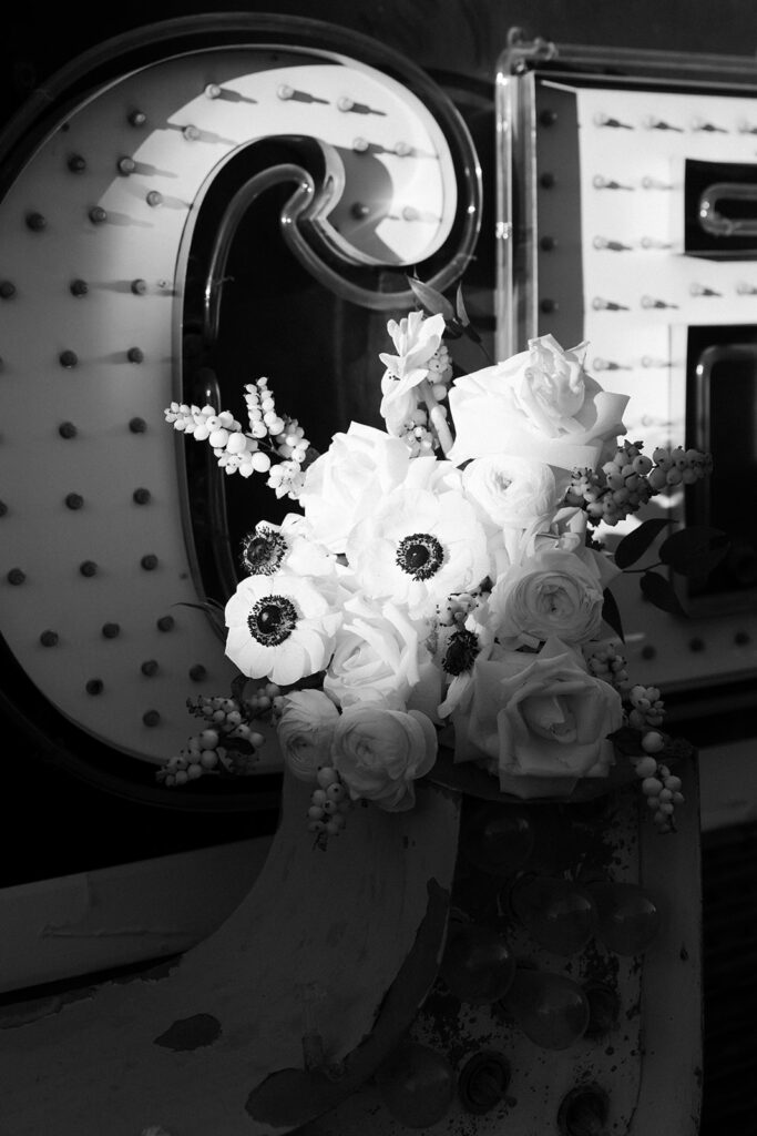 Black and white photo of the brides bouquet at Neon Museum in Las Vegas.