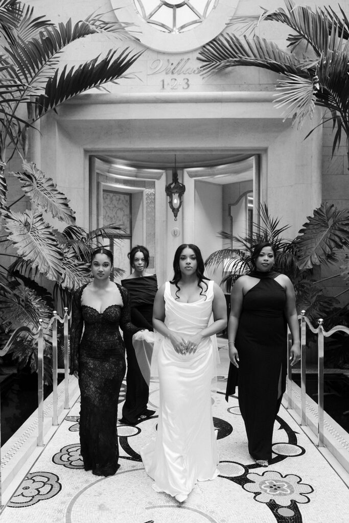 Black and white editorial bride and bridesmaids portraits at Wynn Las Vegas.