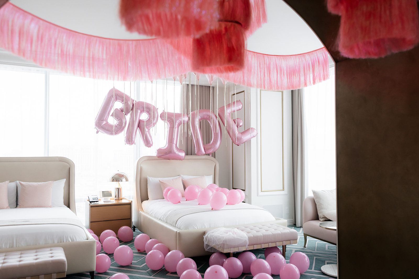 Las Vegas bachelorette party decor and set-up in a suite at The Palms Hotel.