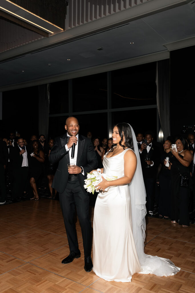 Bride and groom giving a speech during their Wynn Las Vegas wedding reception.