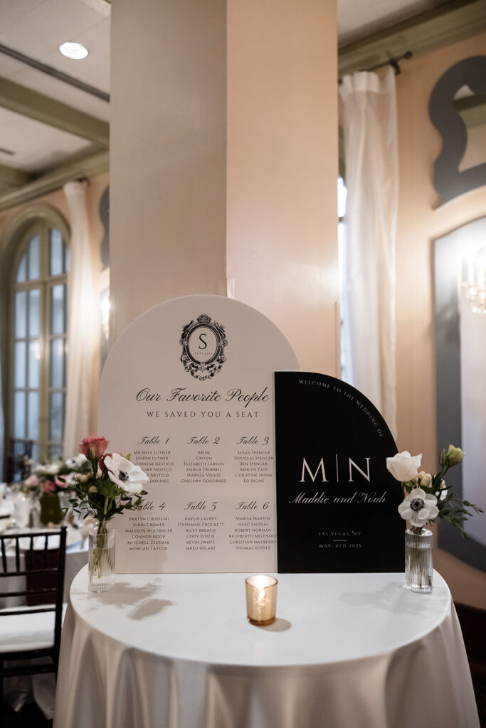 Seating chart and welcome sign displayed at the Canaletto Las Vegas wedding reception inside The Venetian.