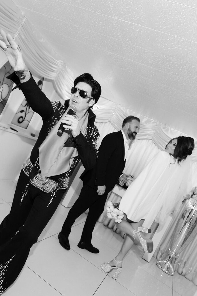 Elvis officiant performing during a Little White Wedding Chapel ceremony in Las Vegas. 