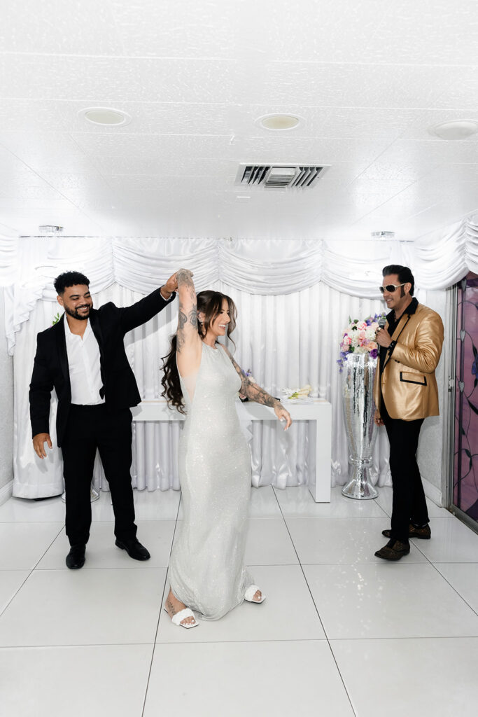 Bride and groom dancing during their Elvis Las Vegas vow renewal.