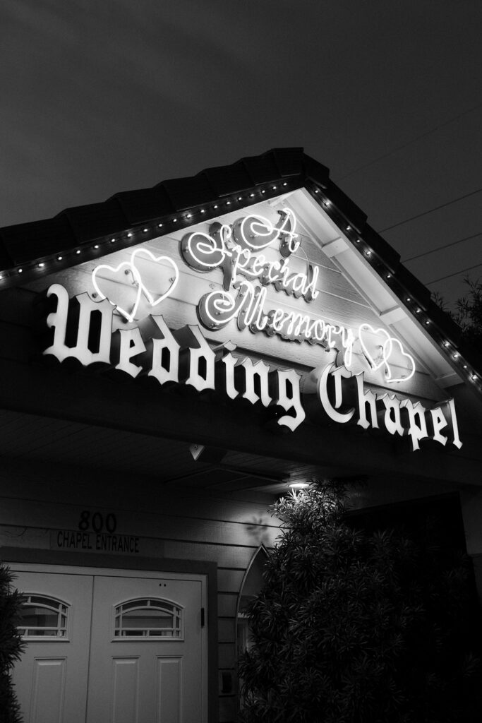 Black and white exterior shot of A Special Memory Wedding Chapel in Las Vegas.