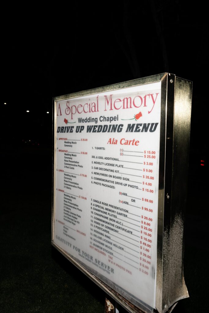 Flash photo of A Special Memory Wedding Chapel Drive-Up Wedding Menu.