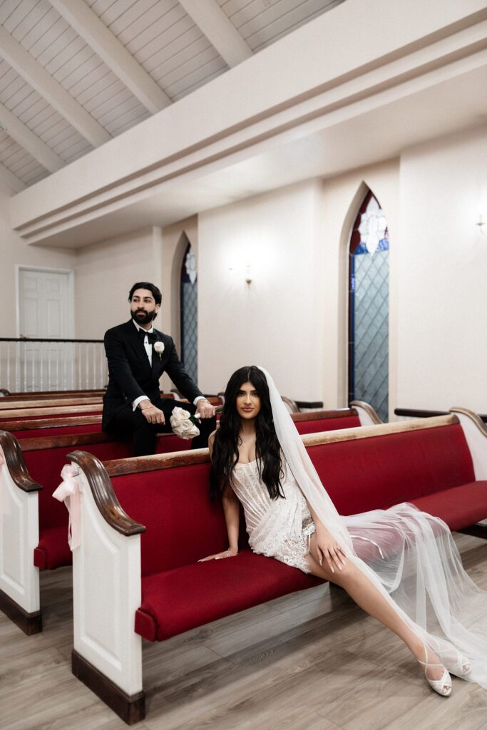Editorial bride and groom portraits inside A Special Memory Wedding Chapel in Las Vegas.