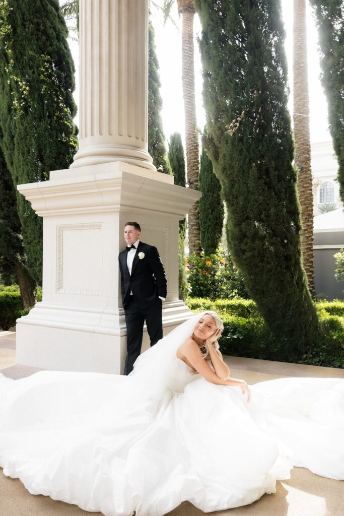 Bride and grooms editorial portraits at Caesars Palace in Las Vegas.