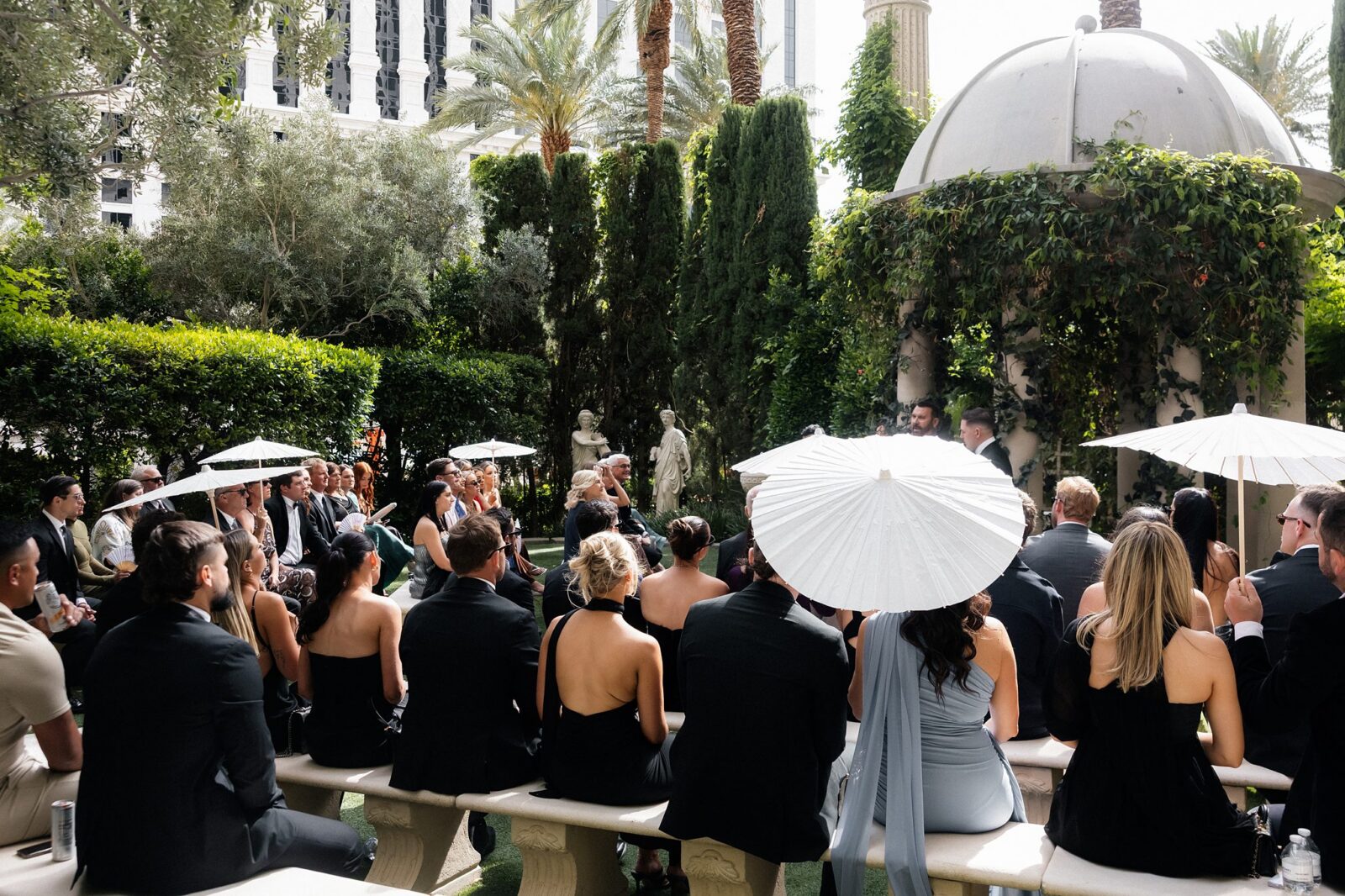 Wide shot of a Venus Garden Caesars Palace wedding ceremony.