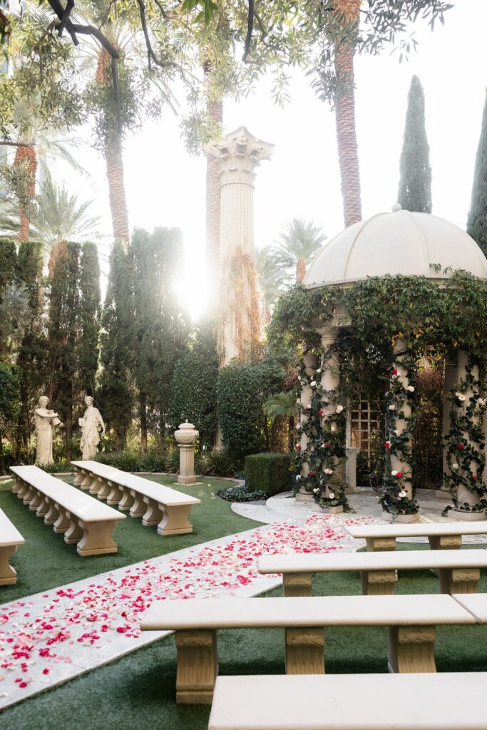 A romantic Venus Garden Caesars Palace wedding ceremony setup. 