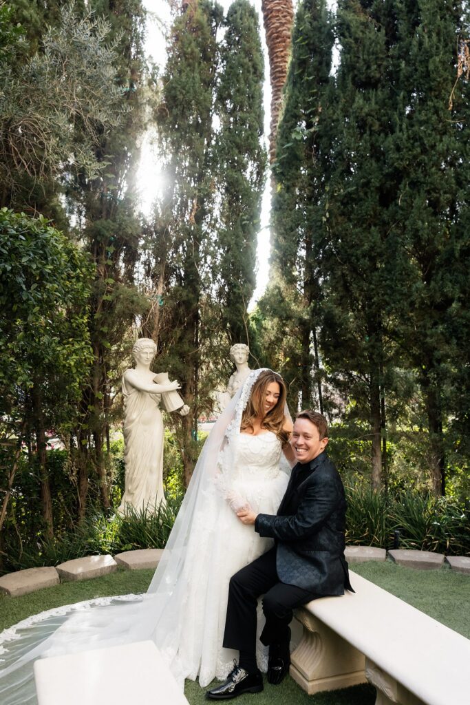 Bride and groom posing at Venus Garden Caesars Palace in Las Vegas.