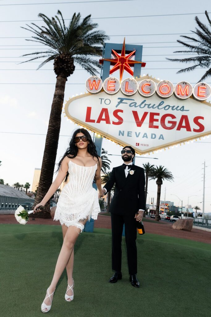 Couple posing for their Las Vegas engagement photos.